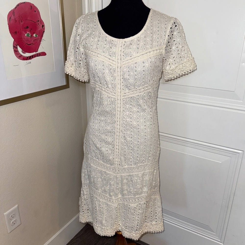 Sundance eyelet river 100% cotton Boho Short Sleeve Dress Ivory Size 6
